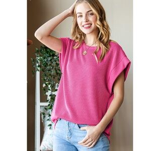 Hot Pink Corded Ribbed Cap Sleeve Top